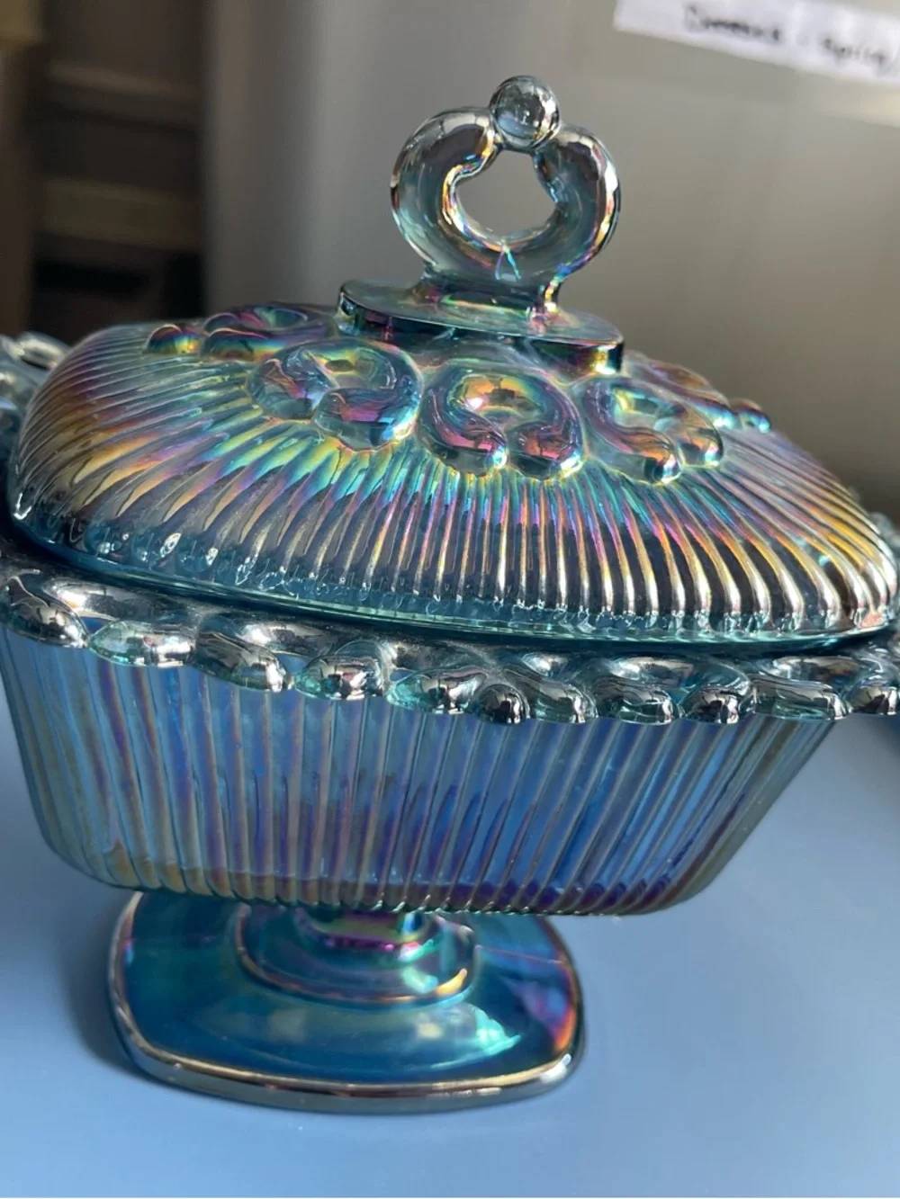 Iridescent Blue Glass Covered Dish - Decorative Home Accent